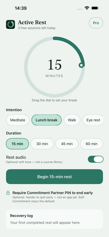 Active Rest prepare screen with the recovery dial, intentions, and duration.