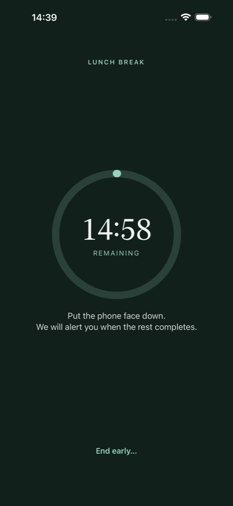 Active Rest session screen with a quiet countdown and a prompt to put the phone face down.